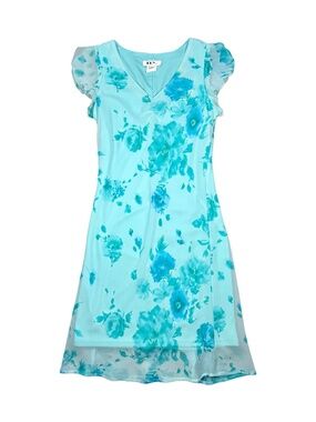 90s Vintage Easter Springtime Bright Blue Floral Midi Dress With Ruffle Sleeves